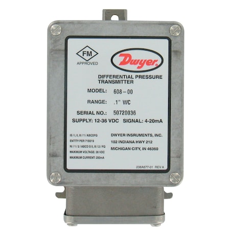 Dwyer Instruments Differential Pressure Transmitter, 101 Wc 607D-12